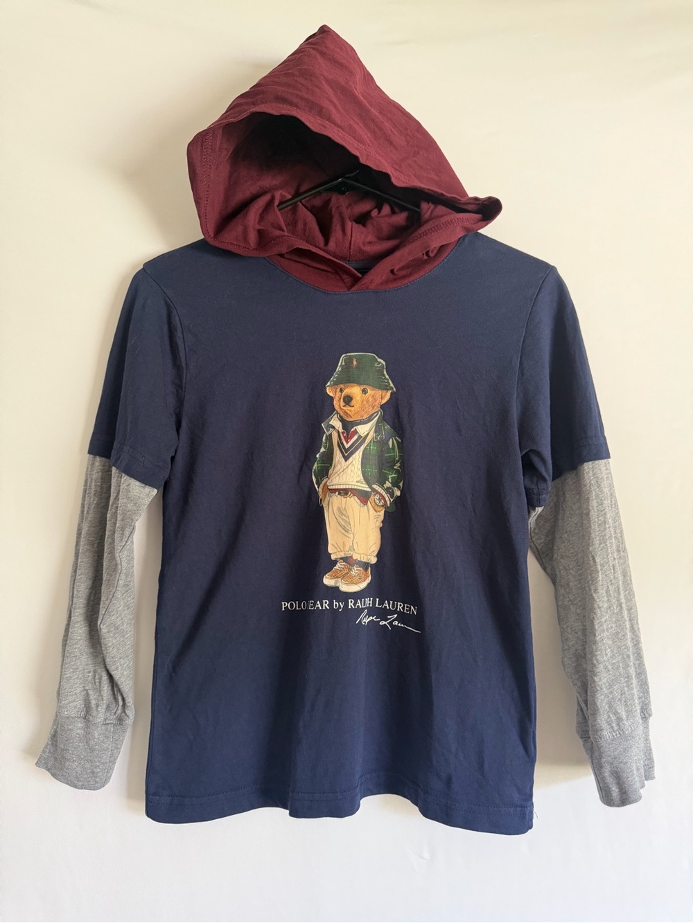 Polo Ralph Lauren Bear Graphic Hooded T-shirt Boys Medium 10-12 Blue Long Sleeve